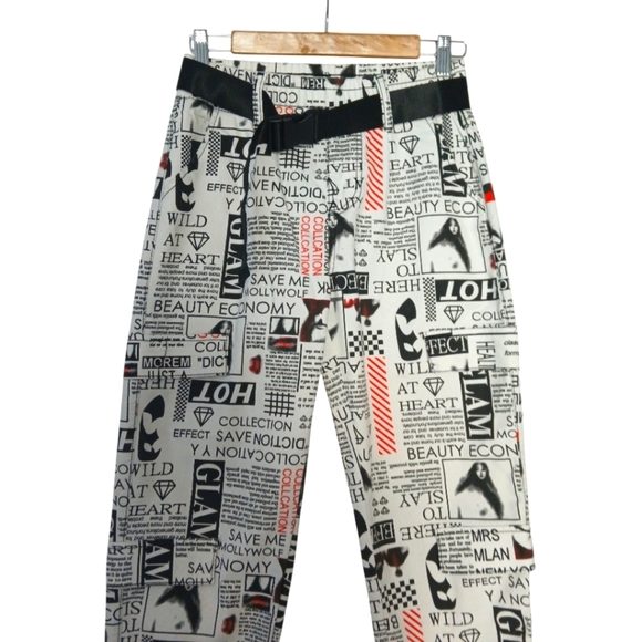 V.I.P. Joggers Canvas Pants Bold Graphic Print Belt Pockets Elastic Waist - Picture 2 of 14